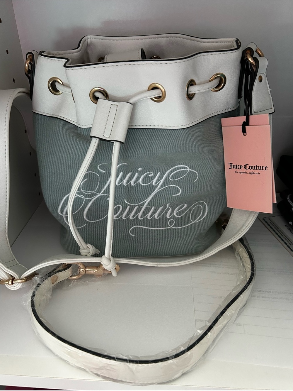 Juicy Couture Beach Denim Bucket Crossbody Blue and White Drawstring